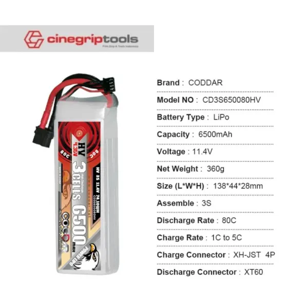 CODDAR 3S 6500MAH 11.4V 80C Soft Pack LiHV RC Lipo Battery