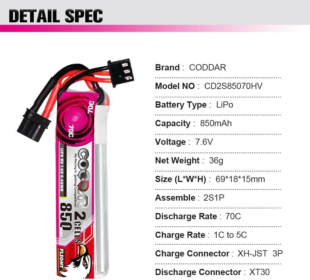 CODDAR 2S 850MAH 7.6V 70C LiHV Battery XT30