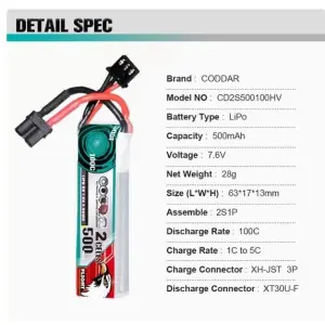 CODDAR 2S 500mAh 7.6V 100C LiPo Battery XT30 LiHV