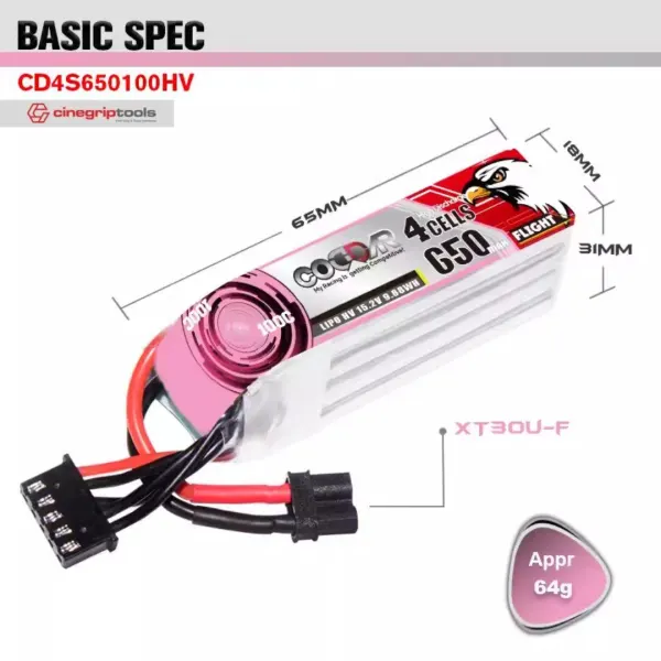 CODDAR 4S 650MAH 15.2V 100C 160C LiPo Battery XT30U-F LiHV
