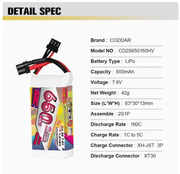 CODDAR LiHV 2S 650MAH 7.6V 160C LiPo Battery XT30