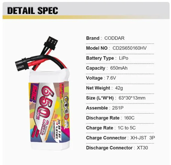 CODDAR LiHV 2S 650MAH 7.6V 160C LiPo Battery XT30