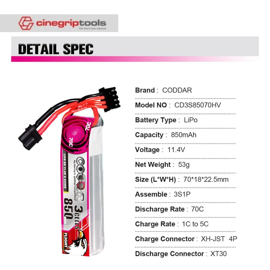 CODDAR LiHV 3S 850MAH 11.4V 70C LiPo Battery XT30 - CD3S85070HV