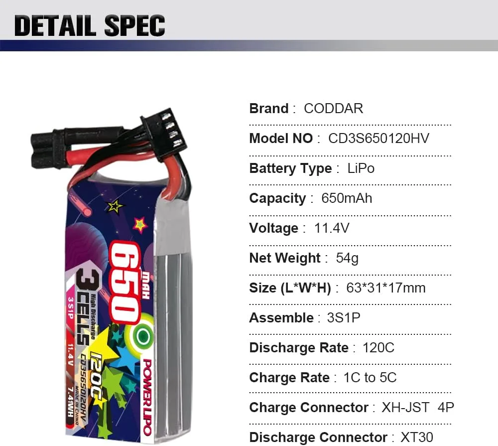 CODDAR 3S 650MAH 11.4V 120C LiPo Battery XT30