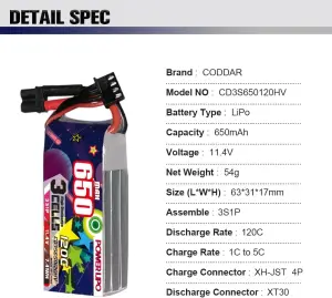 CODDAR 3S 650MAH 11.4V 120C LiPo Battery XT30