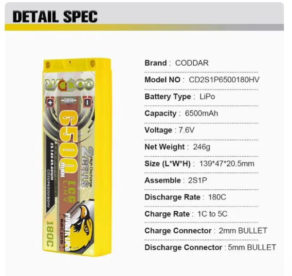 CODDAR 2S1P 6500MAH 7.6V 180C HV HARD CASE LiPo Battery Ultra LCG, INCLUDES EXTERNAL CABLE WITH DEANS CONNECTOR