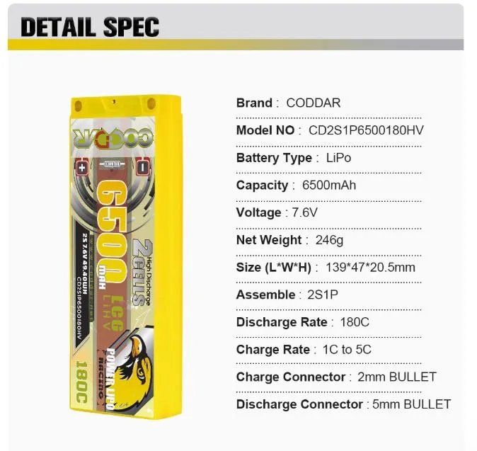 CODDAR  2S1P 6500MAH 7.6V 180C HV HARD CASE LiPo Battery Ultra LCG, INCLUDES EXTERNAL CABLE WITH DEANS CONNECTOR