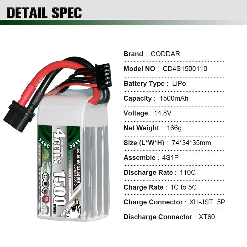 CODDAR 4S 1500MAH 14.8V 110C 160C 160CHV LiPo Battery XT60