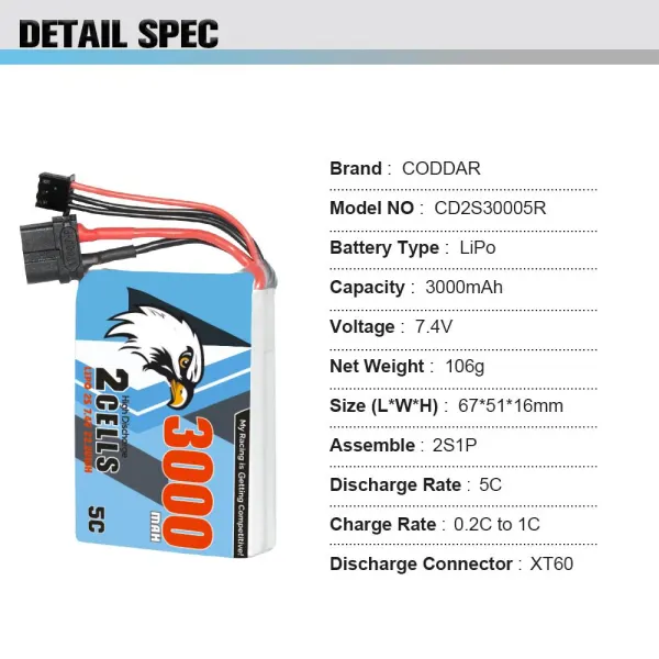 CODDAR 2S 3000MAH 7.4V 5C LiPo Battery for Radiomaster TX12 Transmitter XT60