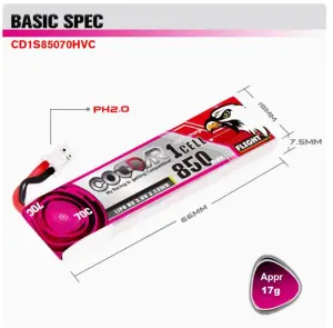 CODDAR LiHVC 1S 850MAH 3.8V 70C LiPo Battery PH2.0