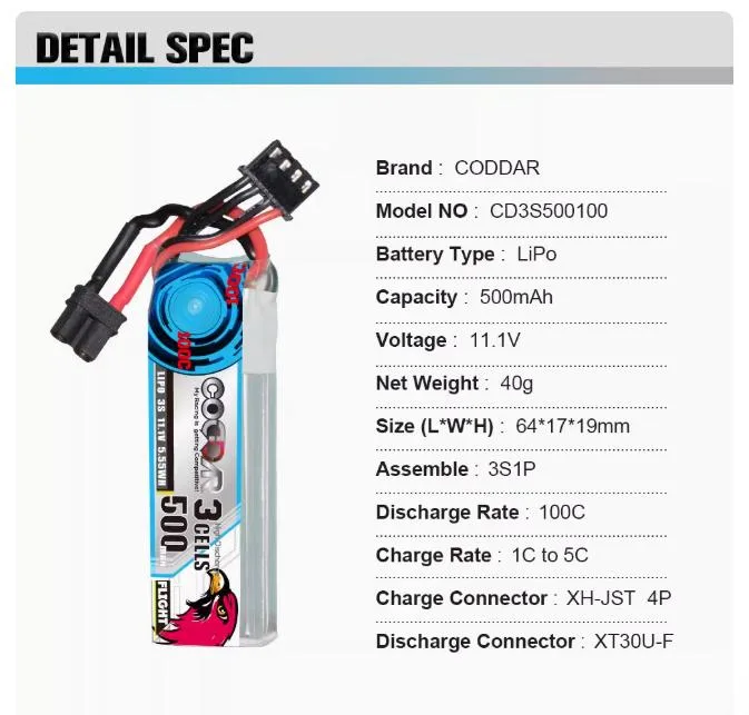 CODDAR  3S 500MAH 11.1V 100C LiPo Battery XT30