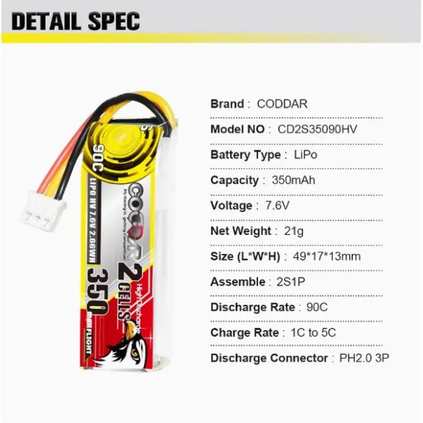 CODDAR HV 2S 350MAH 7.6V 90C 49(L)*17(W)*13(H)mm PH 2.0 3P