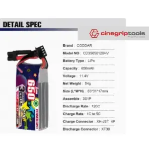 CODDAR 3S 650MAH 11.4V 120C LiPo Battery XT30