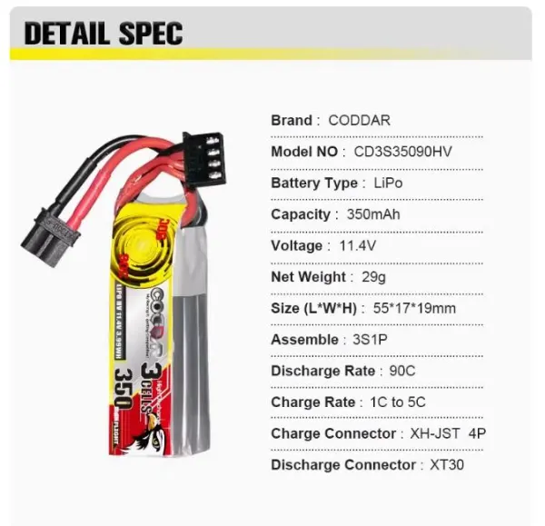 CODDAR 3S 350MAH 11.4V 90C LiHV Battery XT30