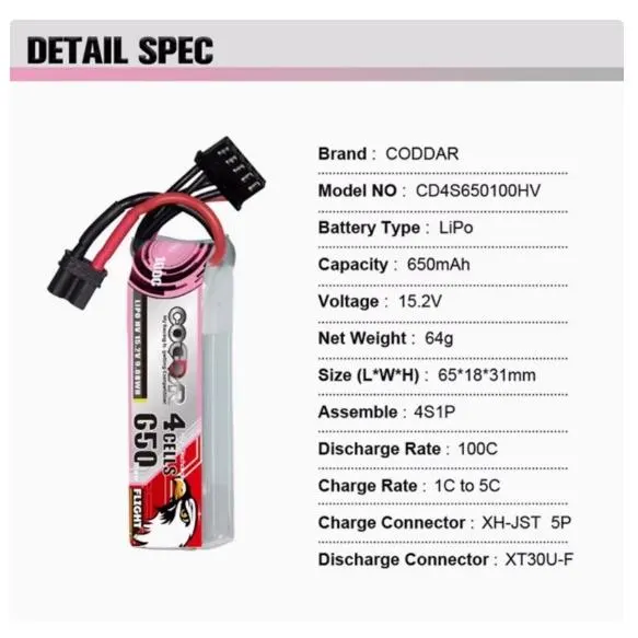 CODDAR 4S 650MAH 15.2V 100C LIPO BATTERY XT30U-F