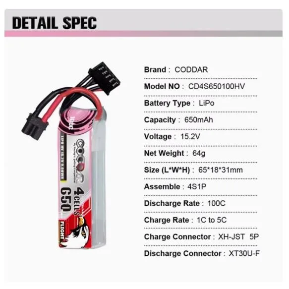 CODDAR 4S 650MAH 15.2V 100C LIPO BATTERY XT30U-F
