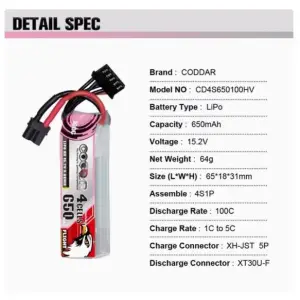 CODDAR 4S 650MAH 15.2V 100C LIPO BATTERY XT30U-F