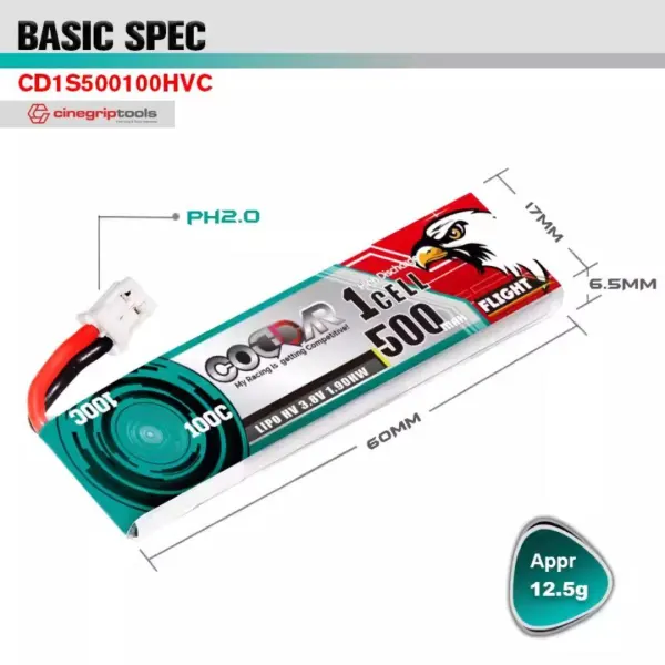 CODDAR 1S 500MAH 3.8V 100C LiPo Battery PH2.0 LiHV