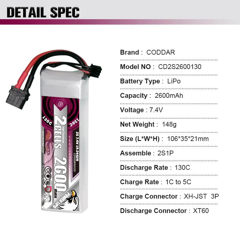 CODDAR 2S 2600MAH 7.4V 130C  106(L)*35(W)*21(H)mm XT60
