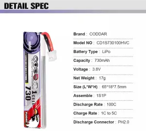 CODDAR LiHVC 1S 730MAH 3.8V 100C LiPo Battery PH2.0 & BT2.0/A30