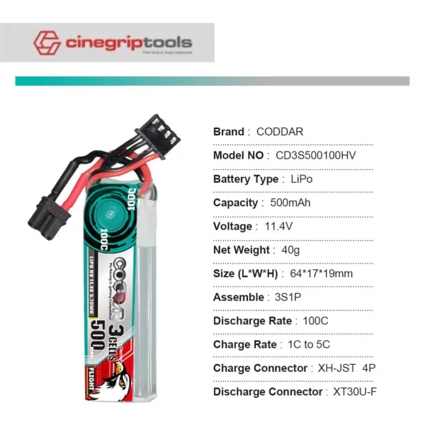 CODDAR 3S 500MAH 11.4V 100C LiHV Battery XT30