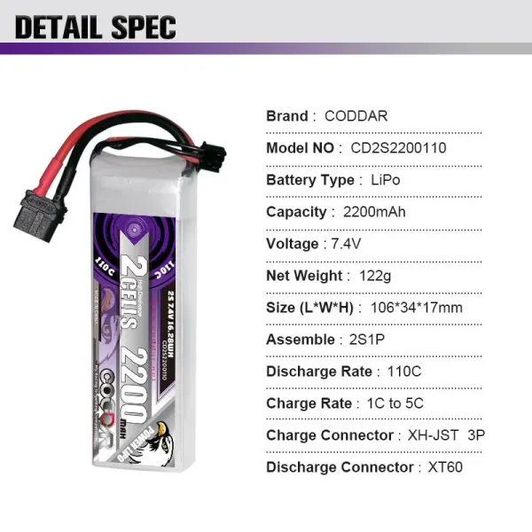 CODDAR 2S 2200MAH 7.4V 110C  106(L)*34(W)*17(H)mm XT60