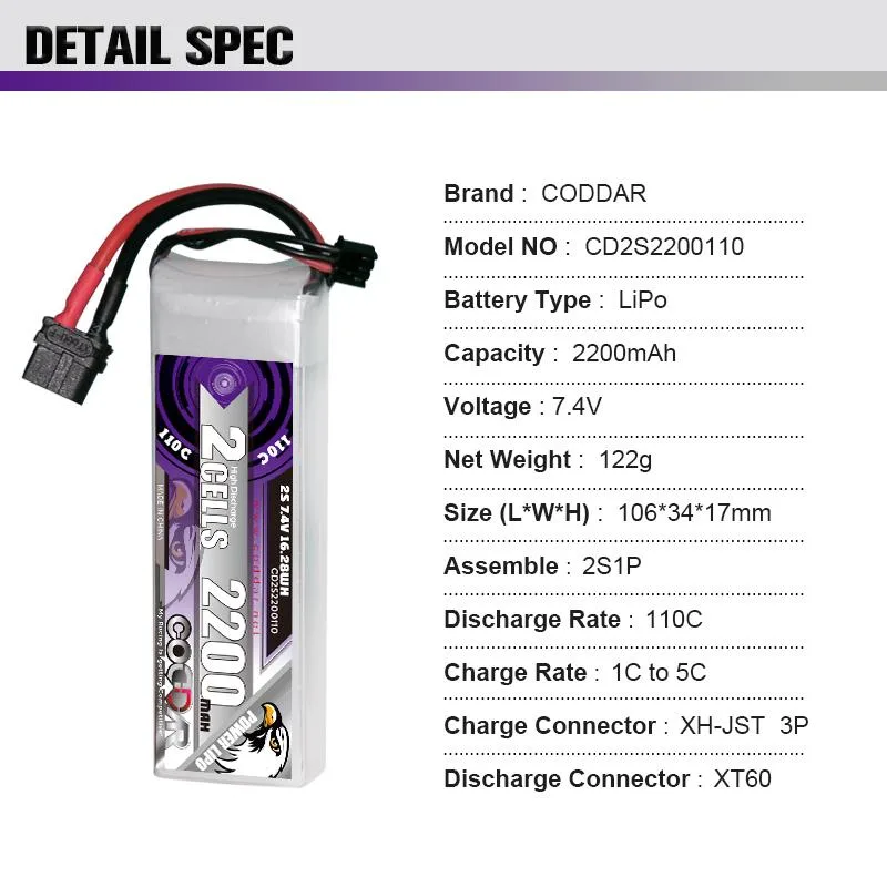 CODDAR 2S 2200MAH 7.4V 110C  106(L)*34(W)*17(H)mm XT60